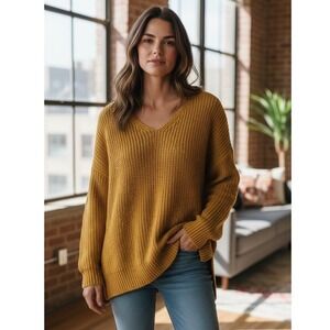 NWT Jenni Kayne Cotton Sweater Mustard Yellow V Neck Chunky Knit Oversized L